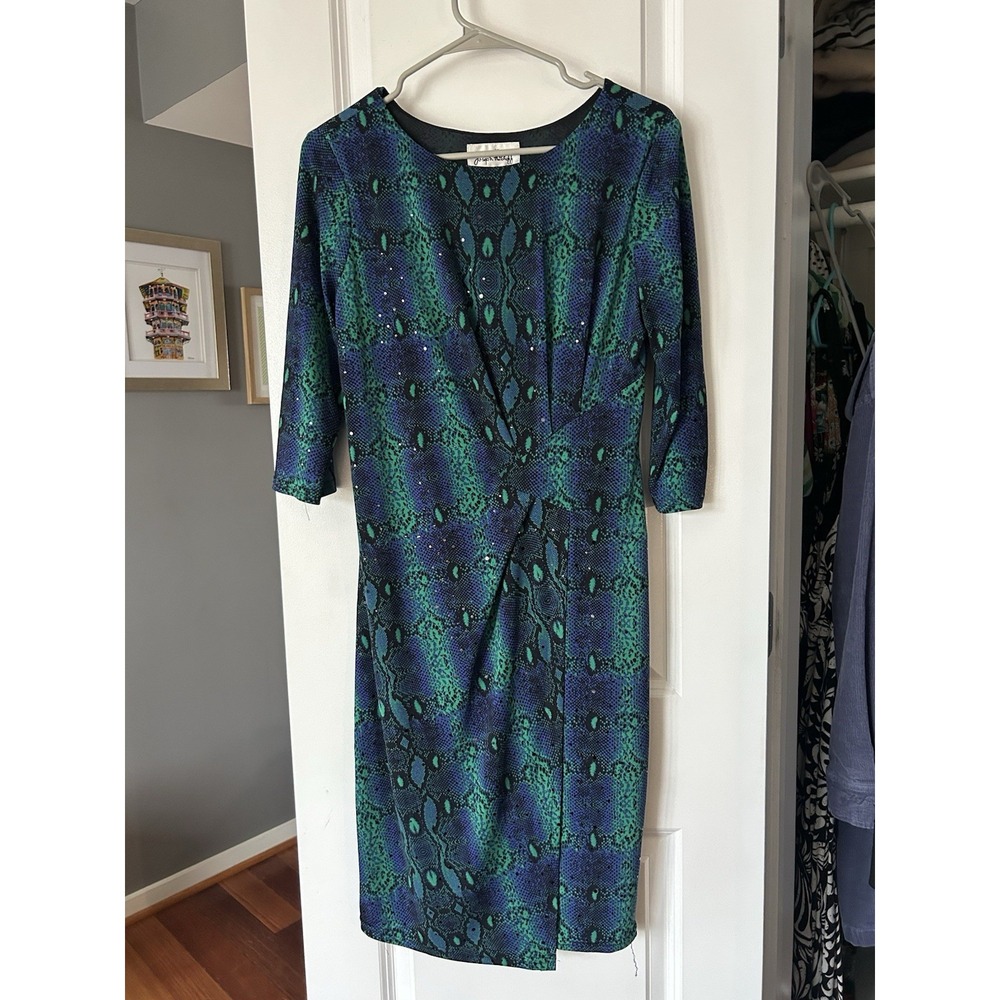 Joseph Ribkoff Dress Green Blue Purple Ruched Wrap 3/4 Sleeve Knee Length Size 8